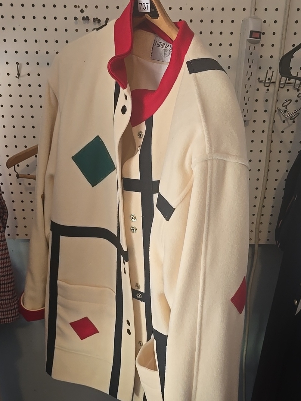 Cream Geometric Pattern Coat with Red Trim